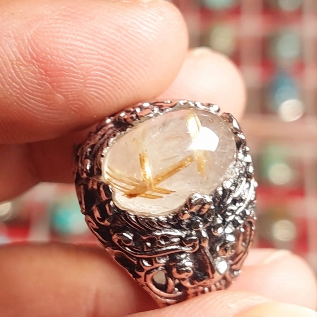 Cincin batu cendana rambut emas 14mm / jarum emas kecubung rambut emas / rutile