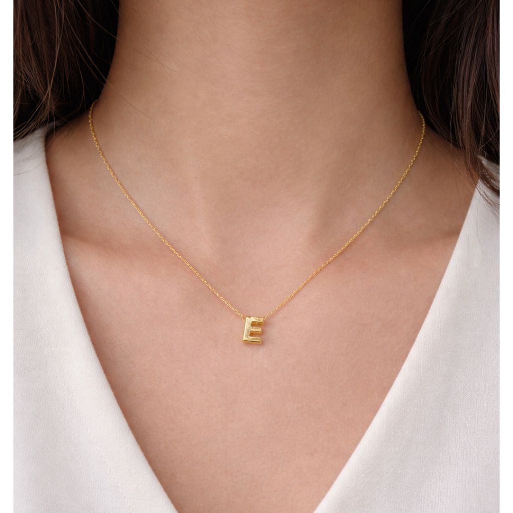 set kalung dan liontin balok inisial huruf E elegant emas asli