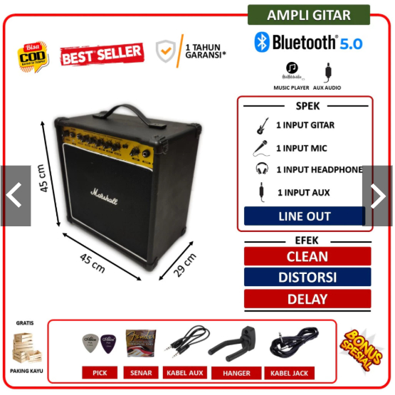 Ampli Marshall gitar & bass 10 Inch bluetooth 3 input bisa untuk karaoke efek distorsi delay