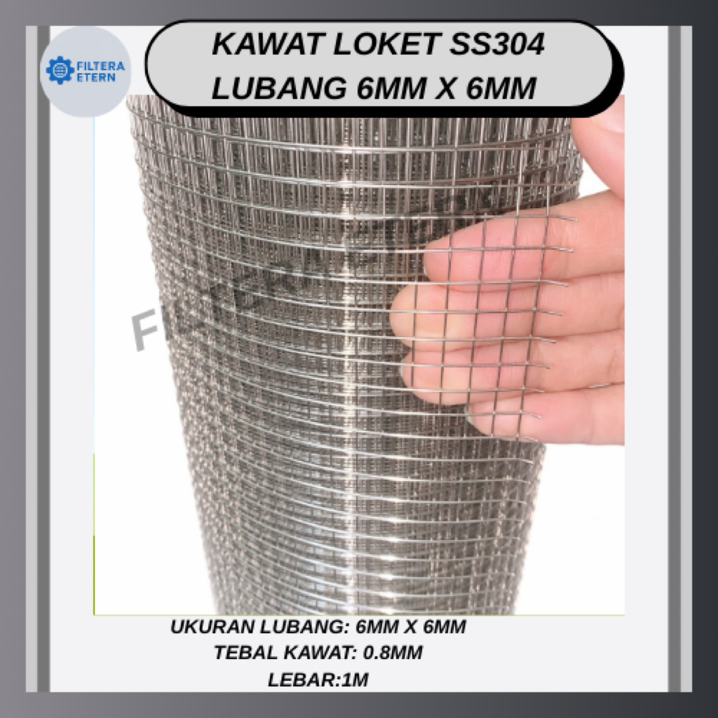 Kawat Loket Stainless Steel 304, Lubang 6mm x 6mm, Tebal kawat 0.8mm, Lebar 1m