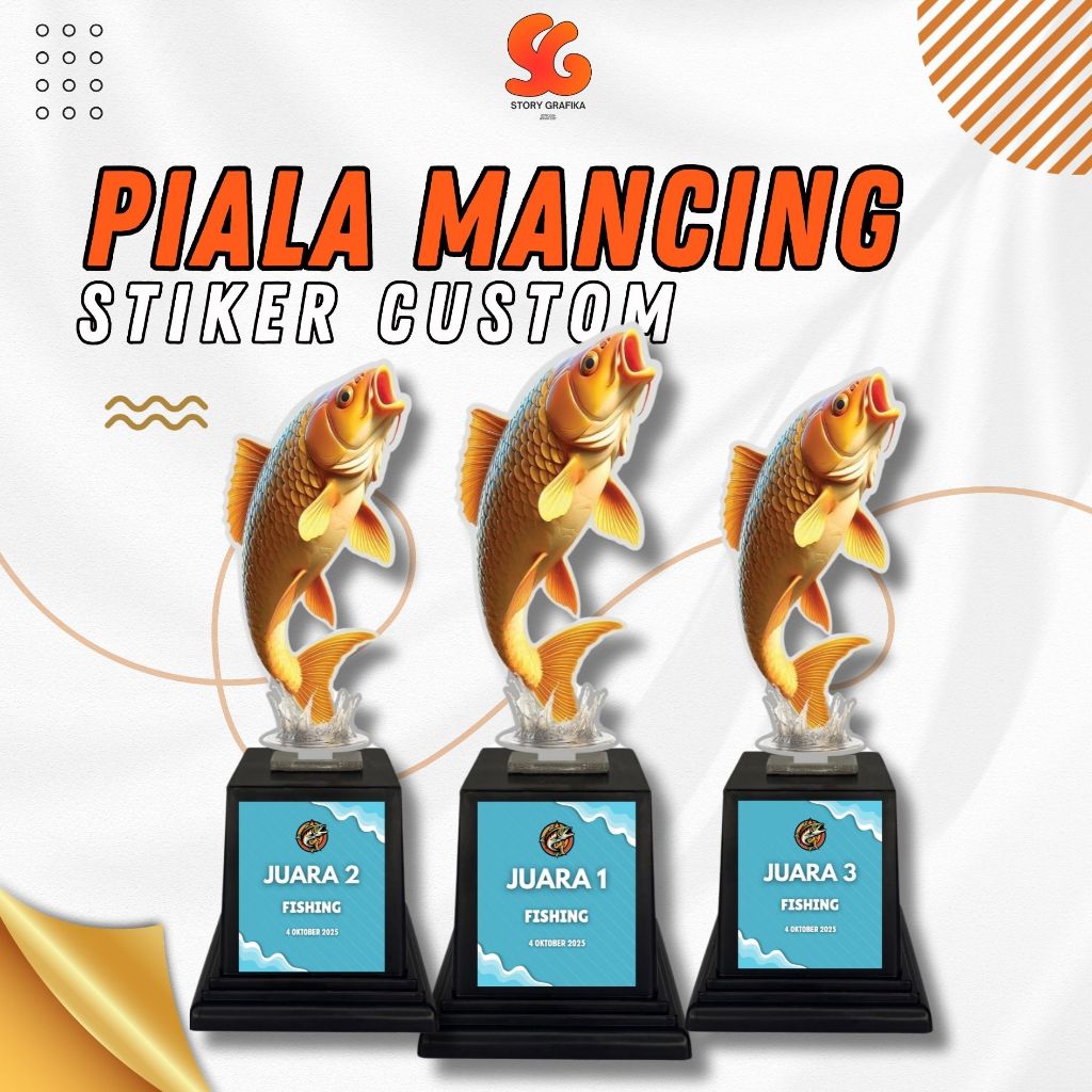 Piala Akrilik Stiker Custom Memancing | Trophy Motif Ikan Mas | Hadiah Juara Lomba 17 Agustus