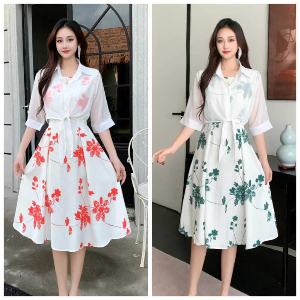 Dress midi premium import quality | Midi dress motif bunga-bunga premium import quality | Dress + ou