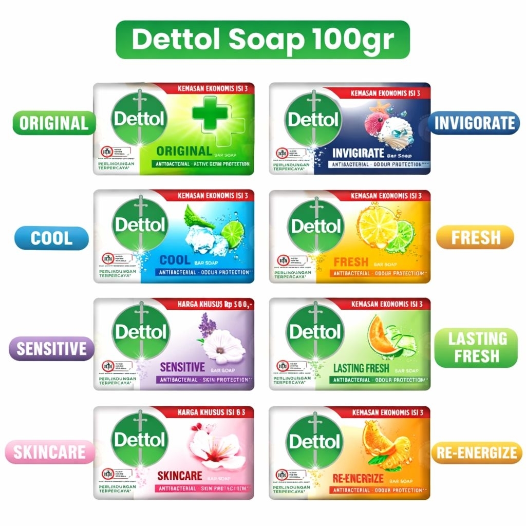 Sabun Dettol Batang 100gr Original / Fresh / Cool / Active / Lasting Fresh / Re-Energize / Sensitive