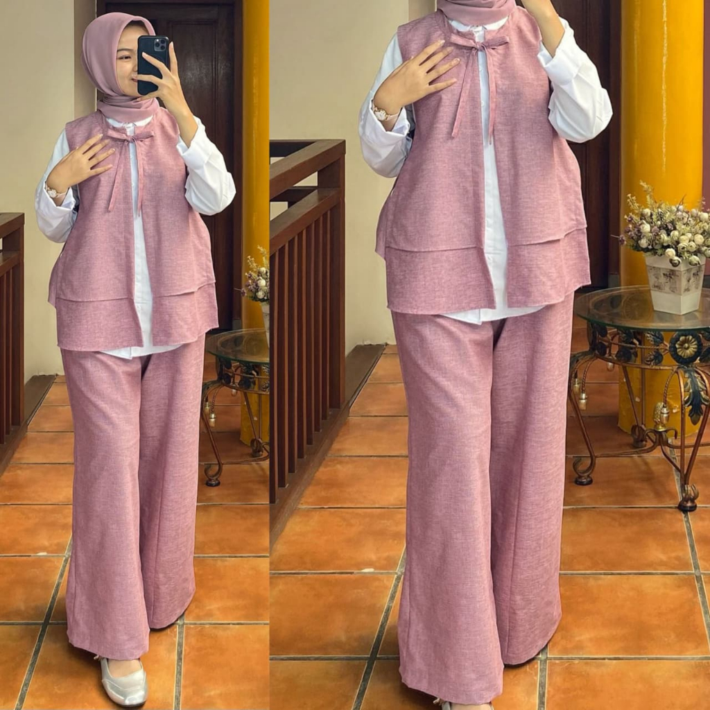 BAJUSAGALAYA - Setelan Vest Umpak Wanita & Celana Panjang Lebar Casual / Baju setelan Wanita / Setel
