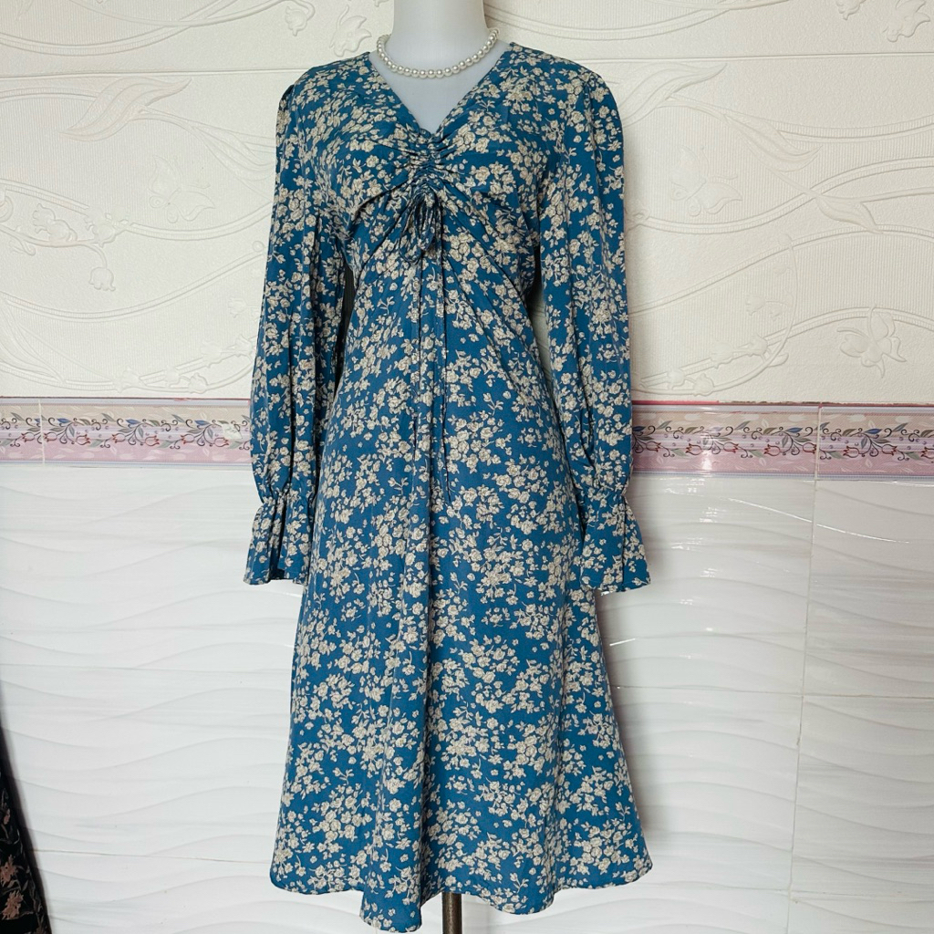 Biru denim lengan panjang Vintage Dress bunga tunik puffy