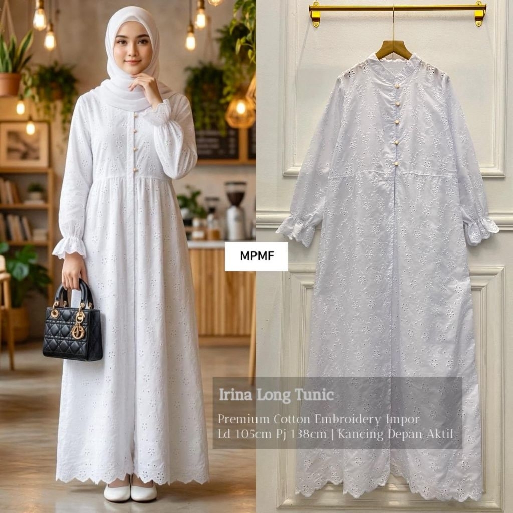 Js irina long tunic l atasan baju muslim gamis putih gamis wanita