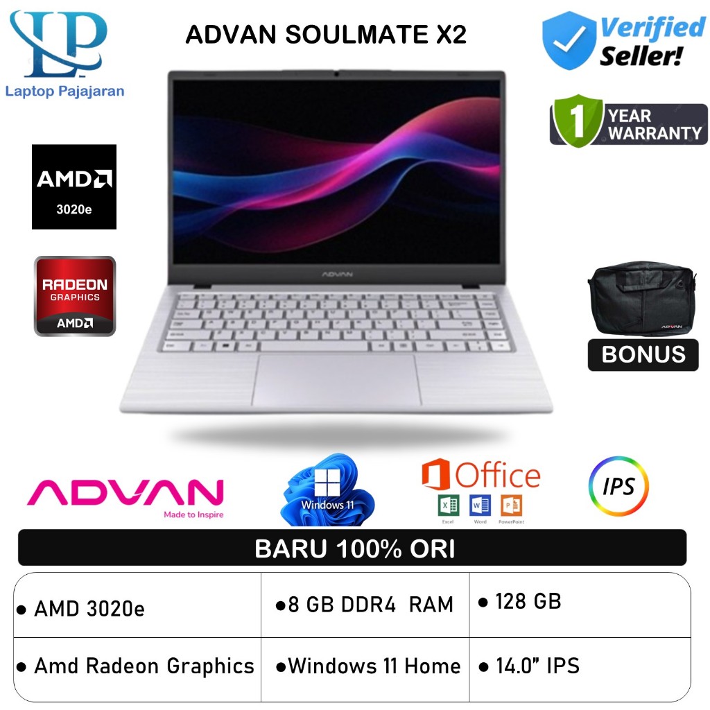 Advan Soulmate X2 AMD 3020 RAM 8GB SSD 128GB Windows 11 14" IPS