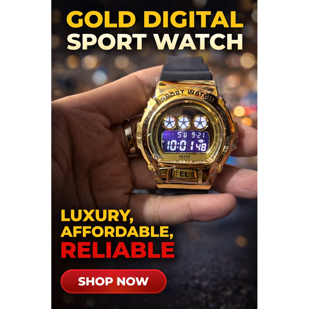 Jam Tangan Digital Sport Gold OLEVS – LED Waterproof Multifungsi
