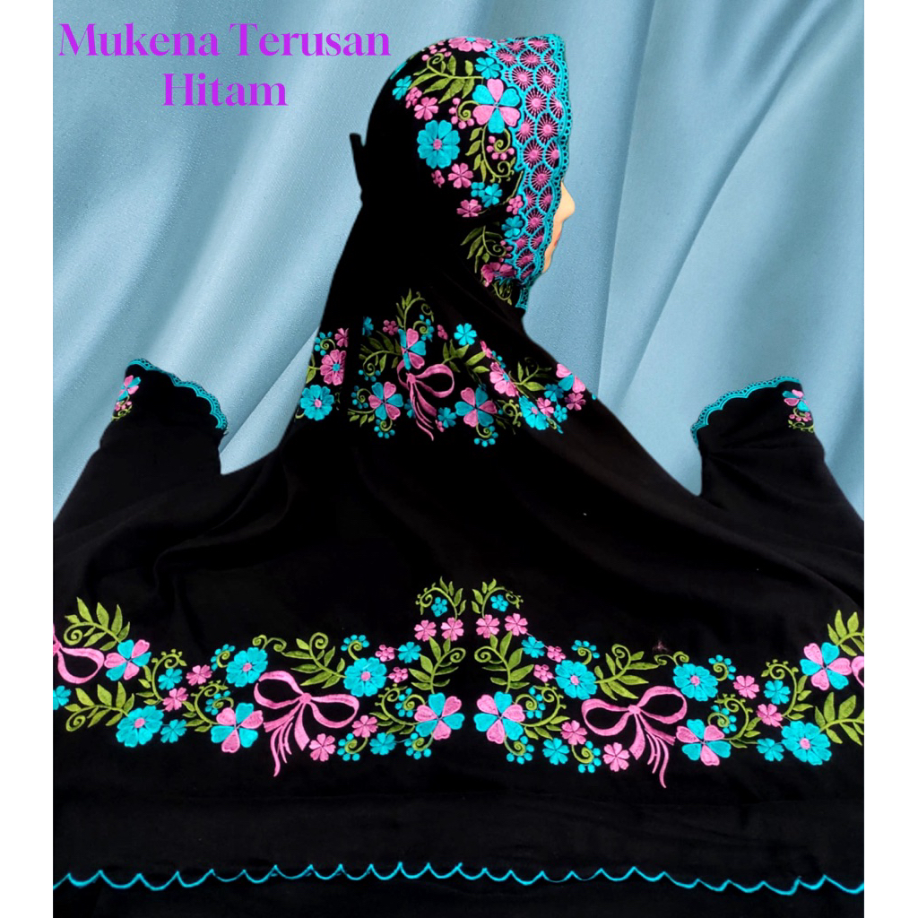 MUKENA LAJURAN BORDIR DEWASA WARNA HITAM MOTIF BUNGA SEPATU KATUN MICRO
