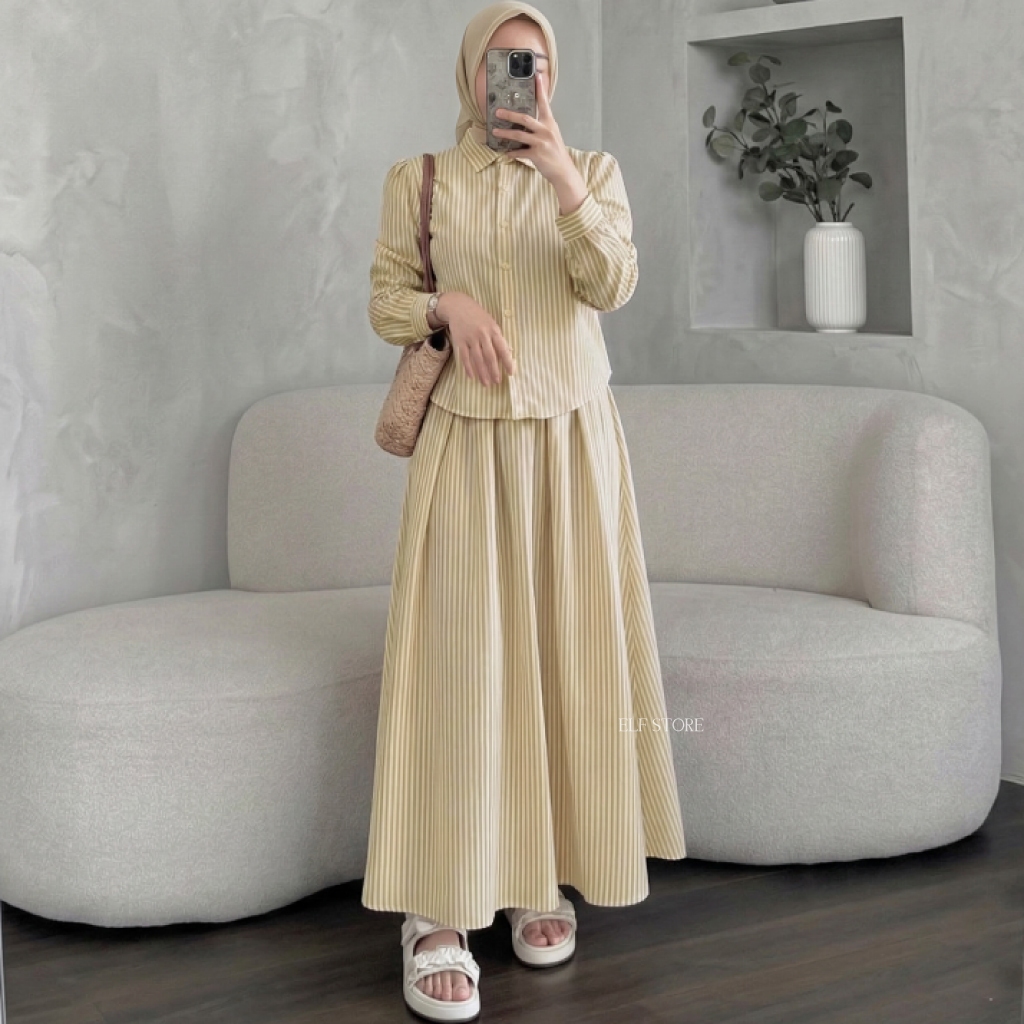 Setelan Wanita One Set Rok Kemeja Motif Salur Bahan Adem Elf Store
