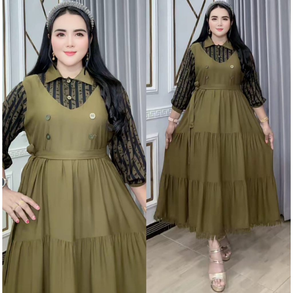 Rawis Kelina | Dress Wanita Midi | Kancing Depan Busui | Ada Rompinya Gaes | Tali Pinggang | Lengan 