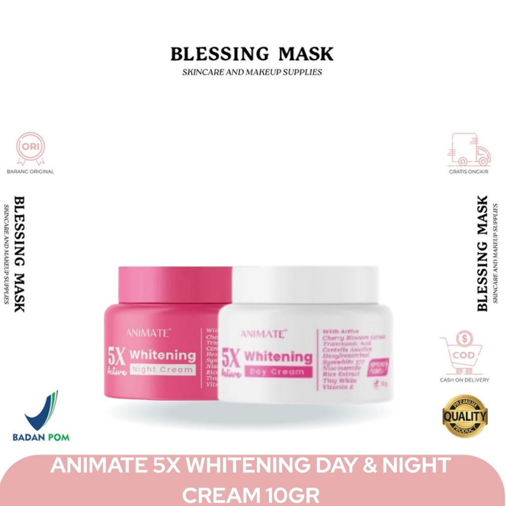 Animate Whitening Night Cream & 5x Active Whitening Day Cream 10 gr | pelembab wajah | Blessingmask.