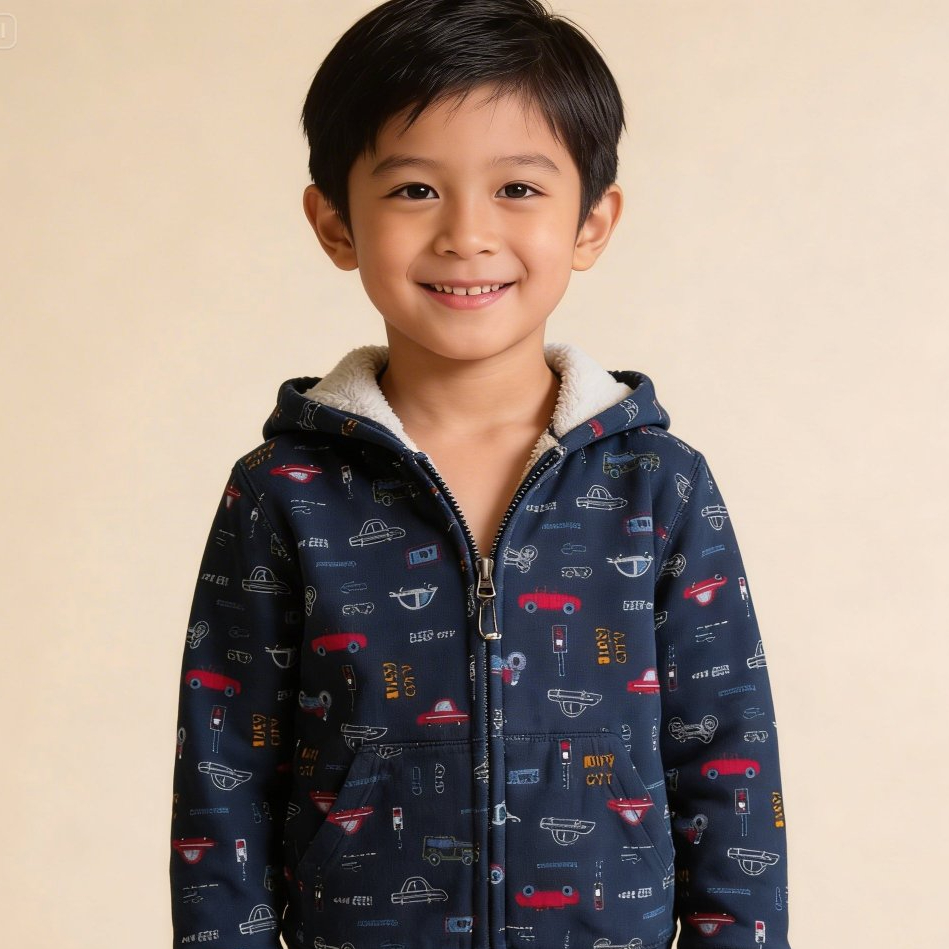 Jaket Hoodie Anak Laki Motif Mobil Navy – Sweater Anak Cowok Fleece Hangat Nyaman | Umur 3–7 Tahun
