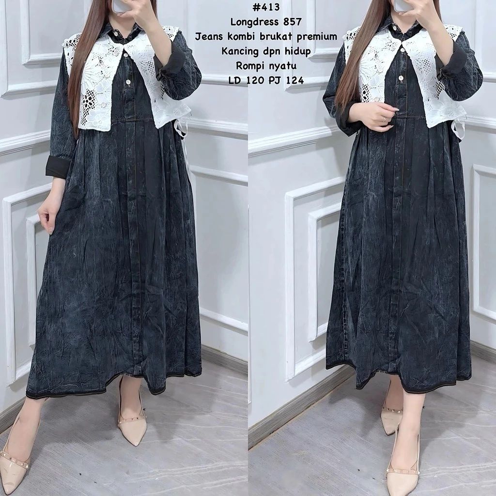 Long Dress rompi 857-413 Dress bahan jeans Kombi brukat Dress jeans baju lebaran gamis lebaran dress