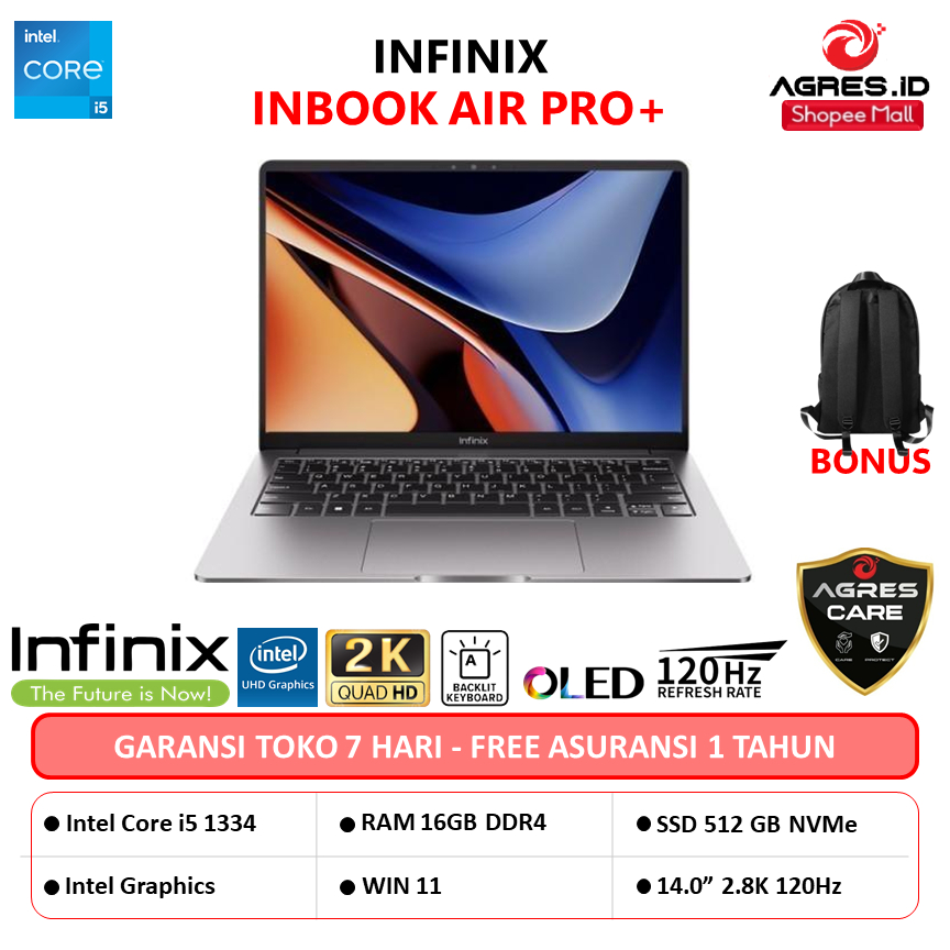 Laptop Infinix Inbook AIR Pro+ OLED Core i5-1334 RAM 16GB 512GB SSD 1TB Windows 11+Office 14.0" 2.8k