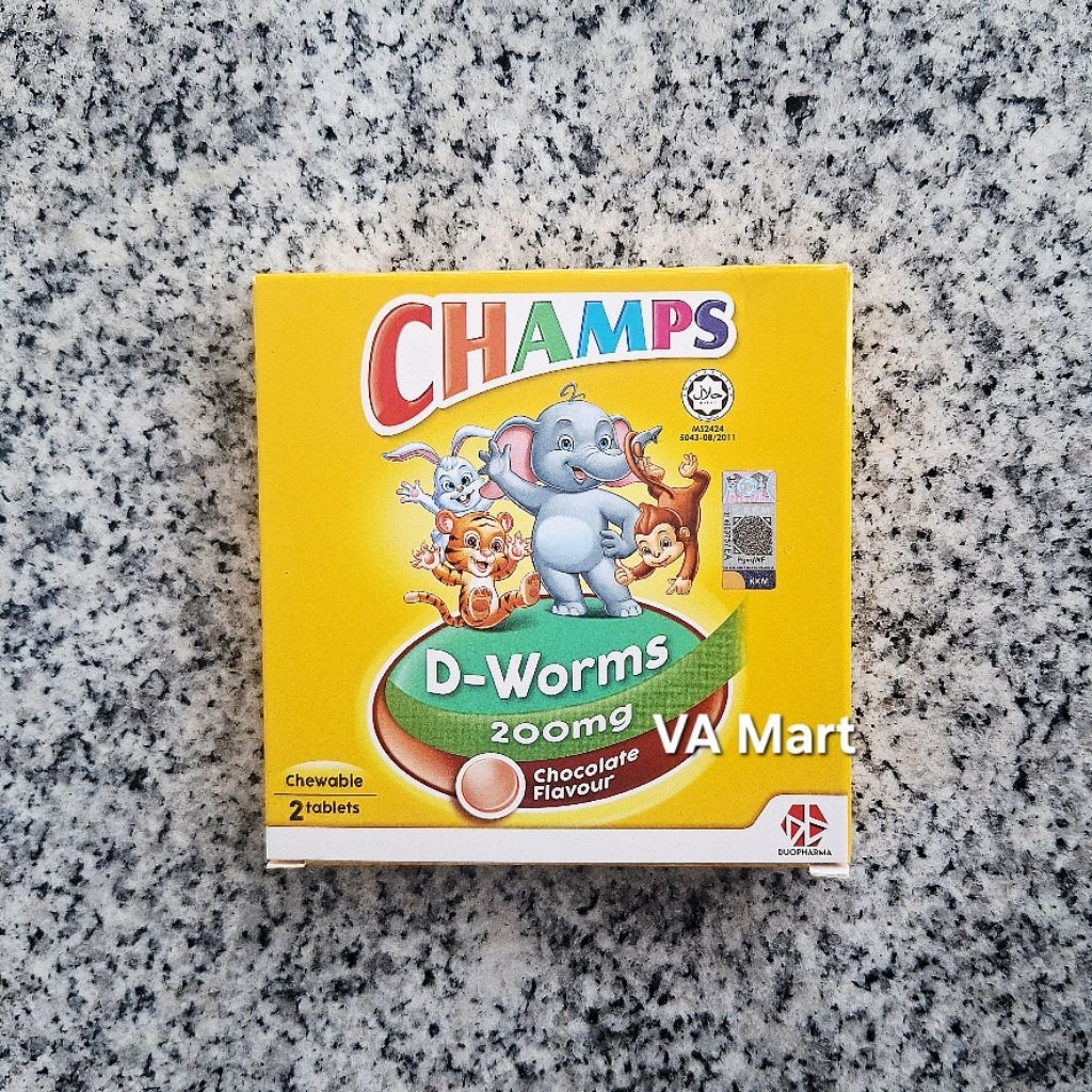 CHAMPS D-Worms 200MG Obat Cacing Anak Dewasa Chewable Tablet Isi 2pcs