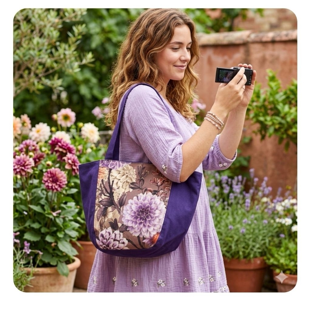 Tas unik kanvas  bahu ungu motif bunga ungu (purple canvas n flower tote bag)