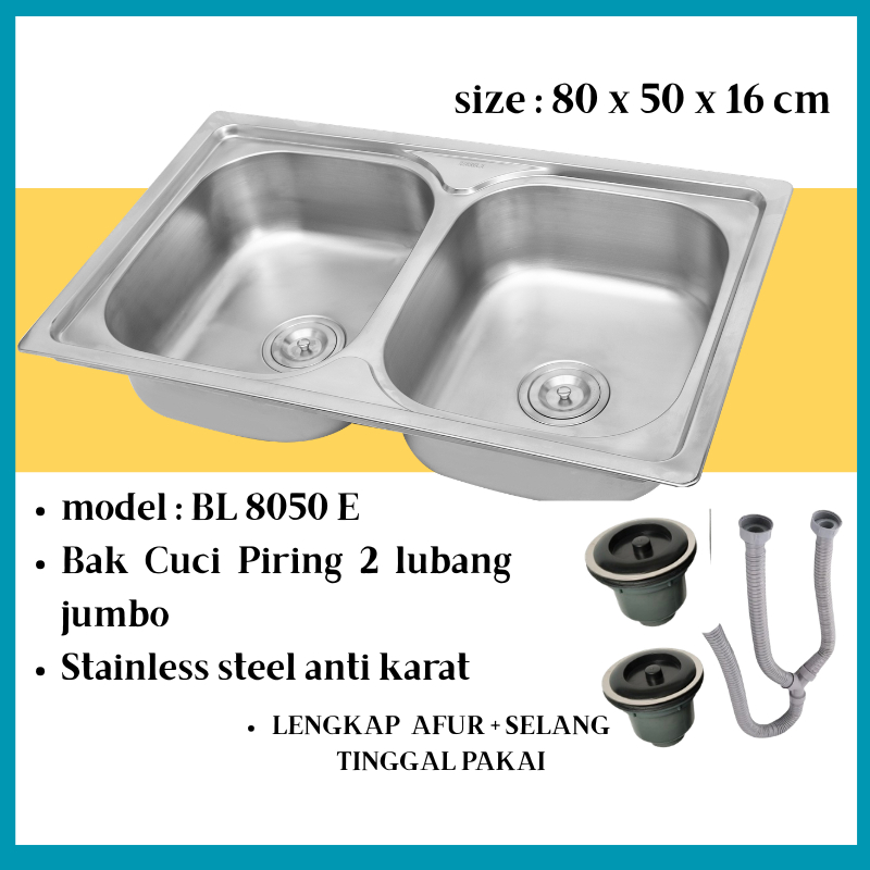 PREMIUM HND 8050E BAK CUCI PIRING 80x50 / WASTAFEL SINK DAPUR 2 LUBANG /KITCHEN SINK STAINLESS STEEL