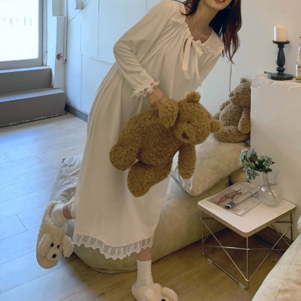 A12 Daster Baju Tidur Putih Polos Lengan Panjang Motif Pita