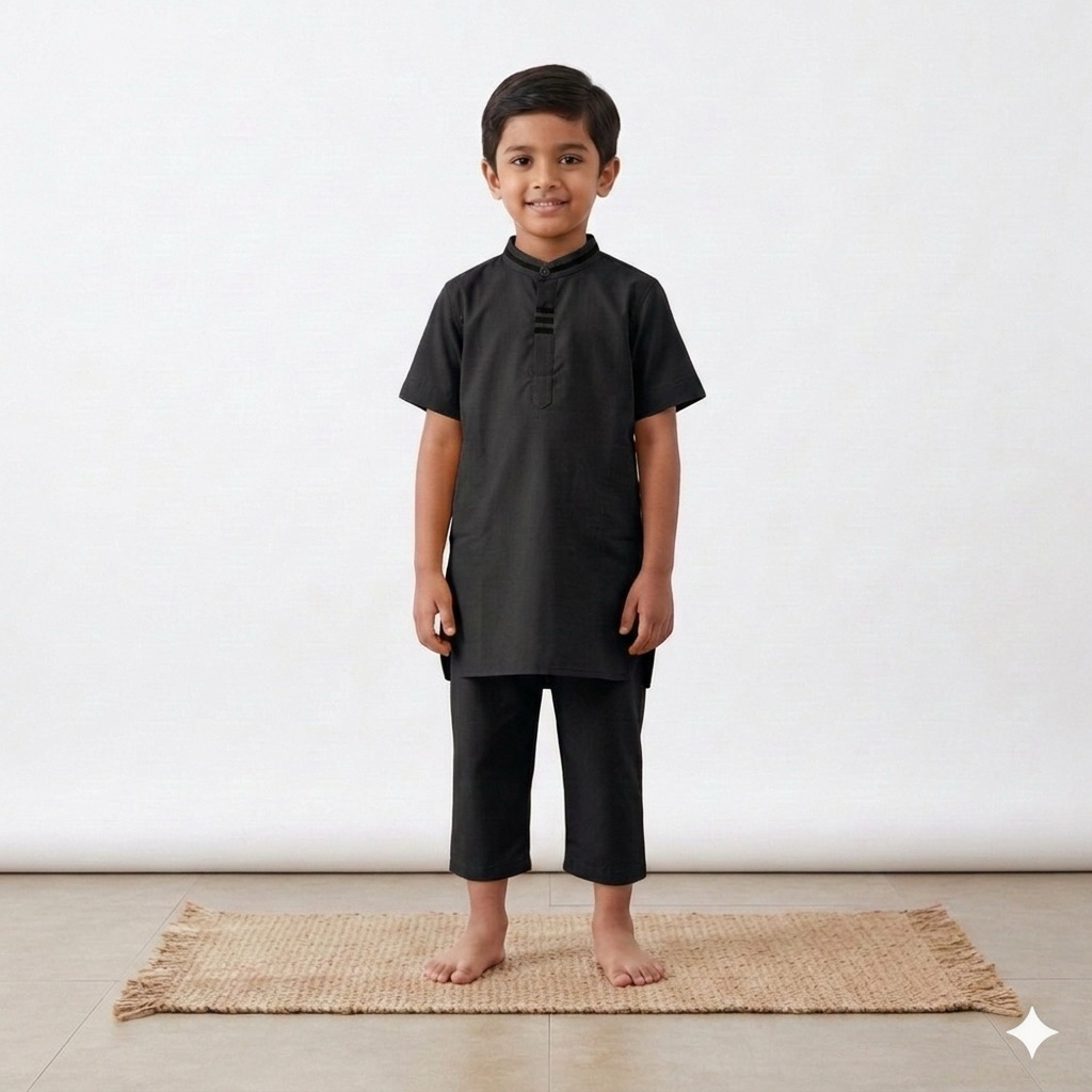 Setelan Baju Koko Anak Laki-Laki Hitam Polos Premium 1-10 Tahun - Set Koko Kurta Pendek & Celana Pan