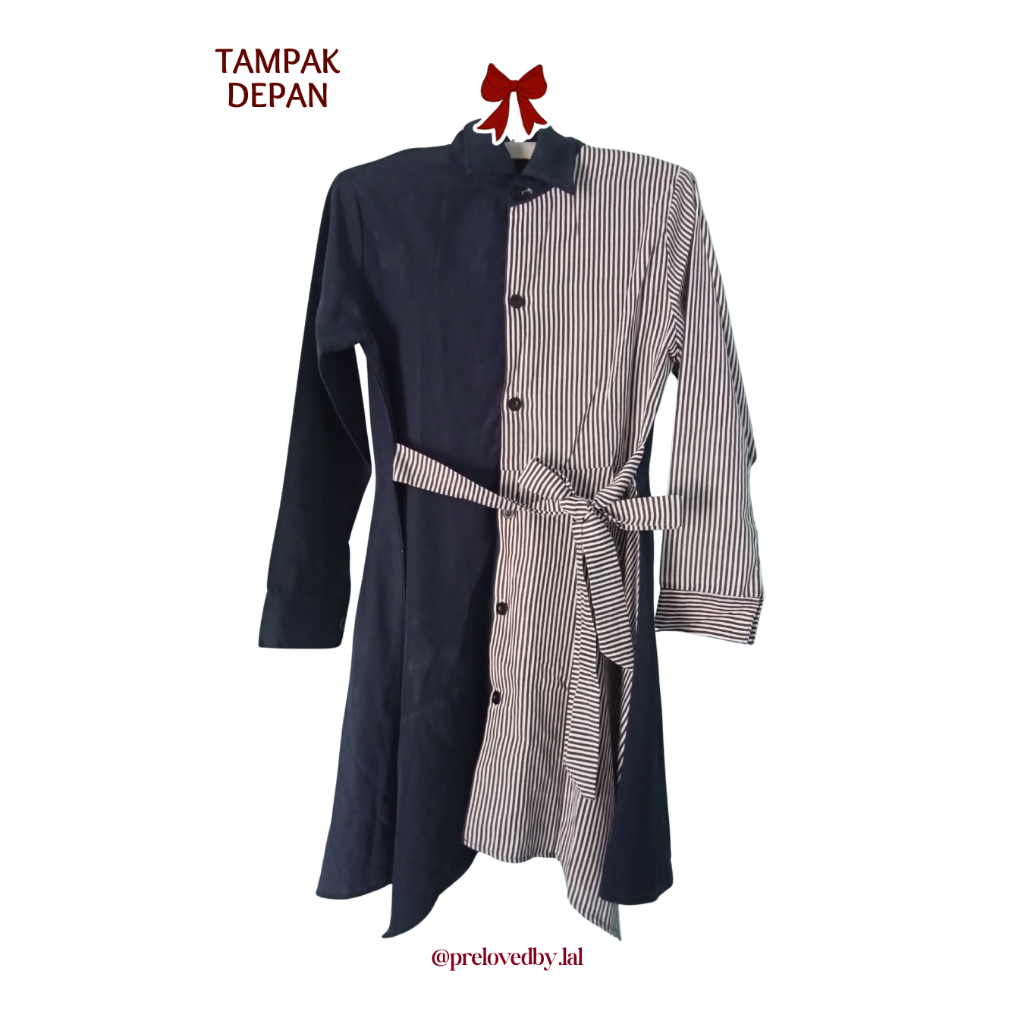 PRELOVED L074 Atasan Tunik Warna Biru Navy Polos dan Garis-garis Hitam Putih dengan Tali Pinggang Na