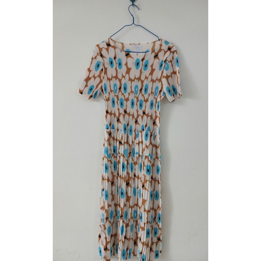 Premium Plisket Midi Dress Motif Bunga Bangkok