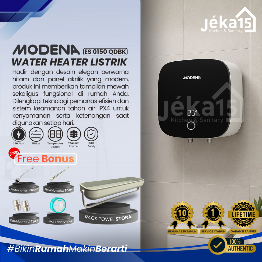 JEKA15 - MODENA ES 0150 QDBK Water Heater Listrik - Pemanas Air Mandi 15 L