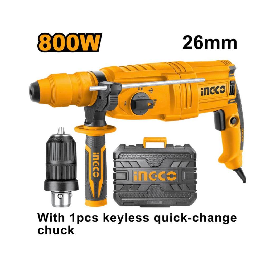 INGCO MESIN BOR ROTARY HAMMER 26mm 800W RGH9028-2 Dengan Adaptor & 1pcs Keyless Quick-Change Chuck B