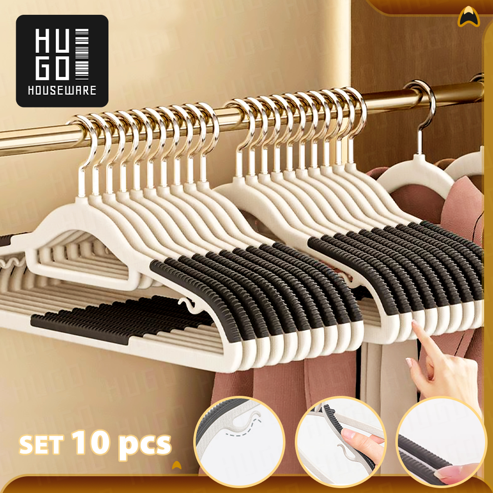 Hugo Houseware Hanger Baju Gantungan Baju Dewasa Isi 10 Pcs Set Hanger dengan Karet Bahan Tebal