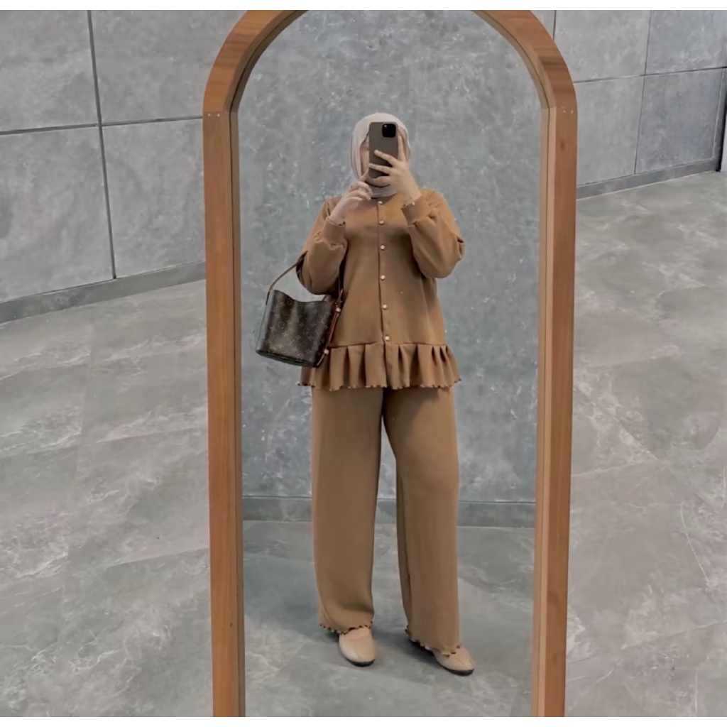 One Set Airish Setelan Cardigan Ruffle Busui Knit Celana Kulot Panjang Lengan Panjang Setelan Wanita