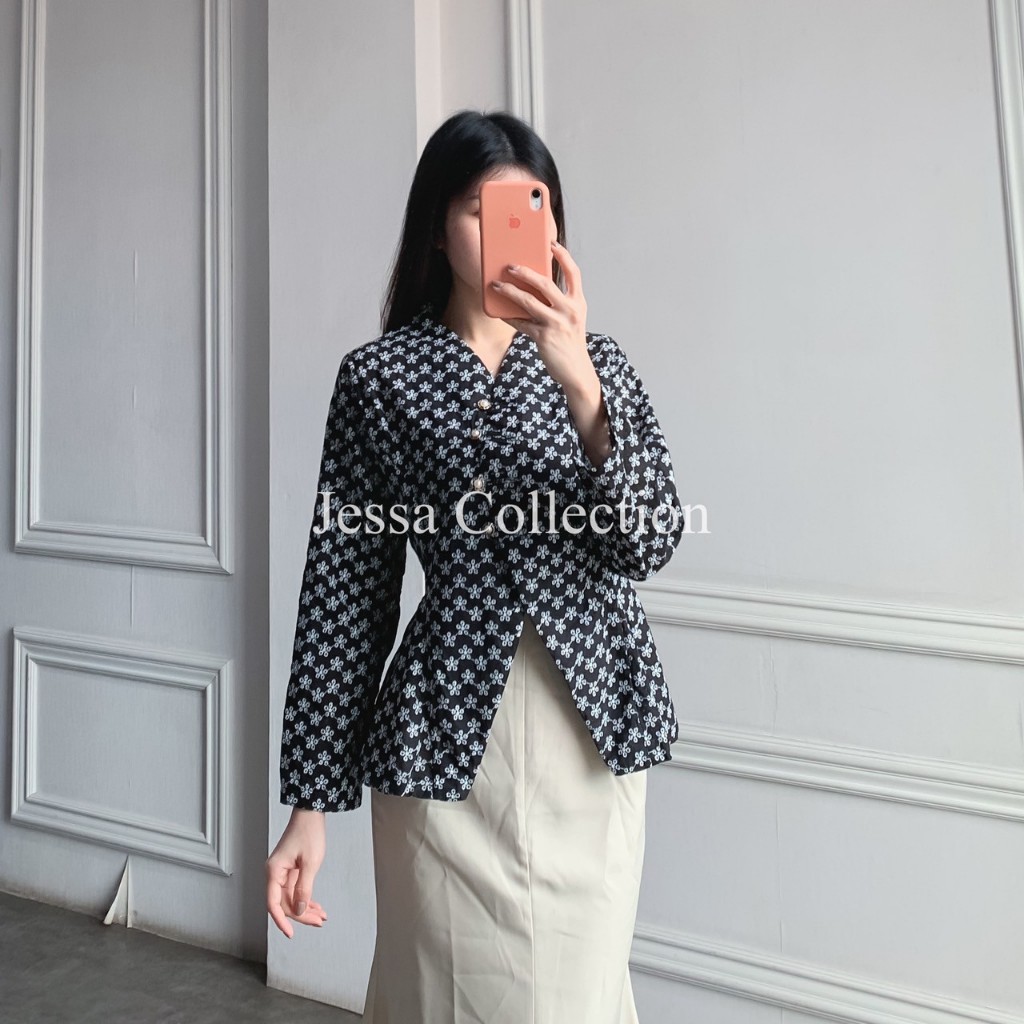 Glinda Peplum Katun Bolong Bordir FG Atasan Wanita Motif Bunga Bunga Blouse Curve Shanghai