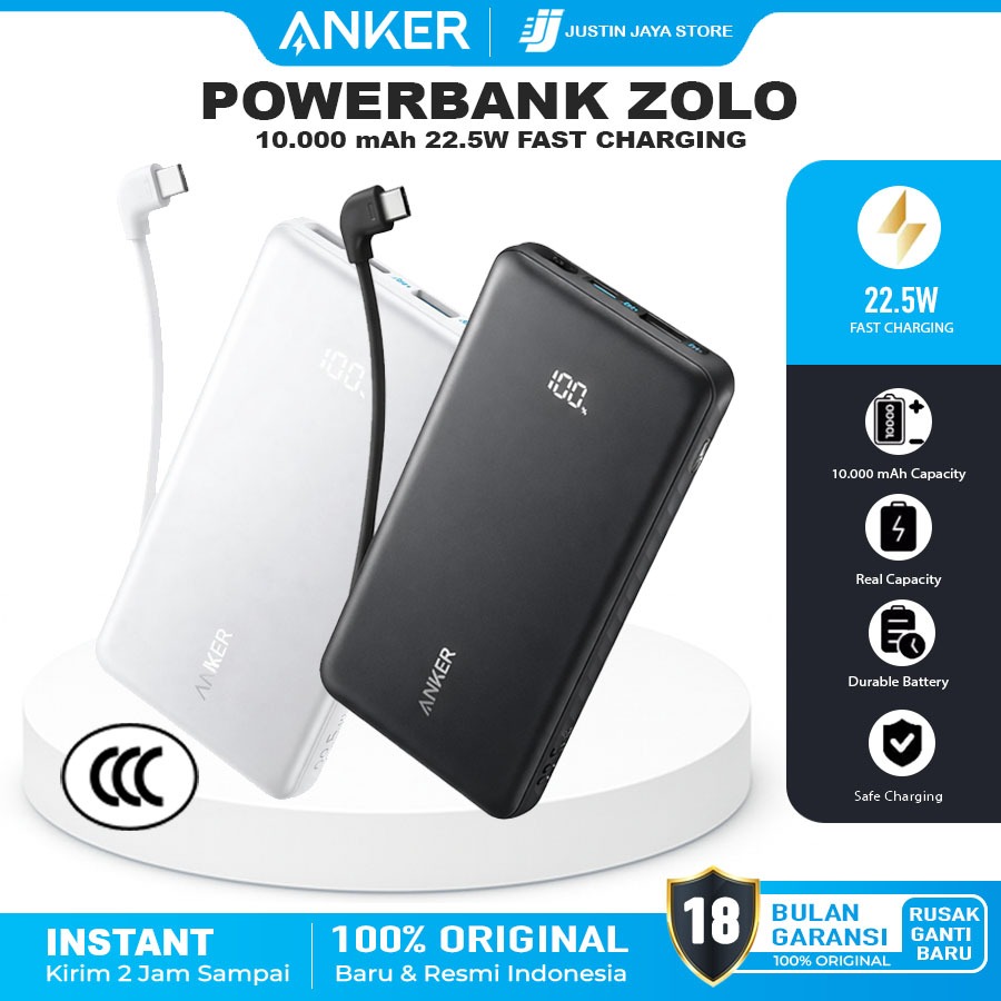 Anker Zolo Portable Power Bank 3C / CCC 10,000mAh 20,000mAh 3 ports with Built-in Type-C Cable Type-