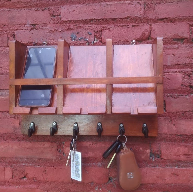 Rak Kunci Dinding Kayu Jati Belanda + Rak HP & Remote | Gantungan Kunci Dinding 6 Hook | Rak Organiz