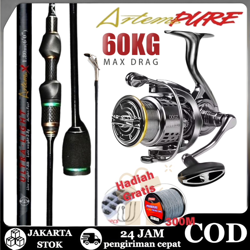 Joran DAIWA Black UL Carbon Ujung Solid + Reel Metal Perak - Paket Combo Mancing Super Lengkap - Bon