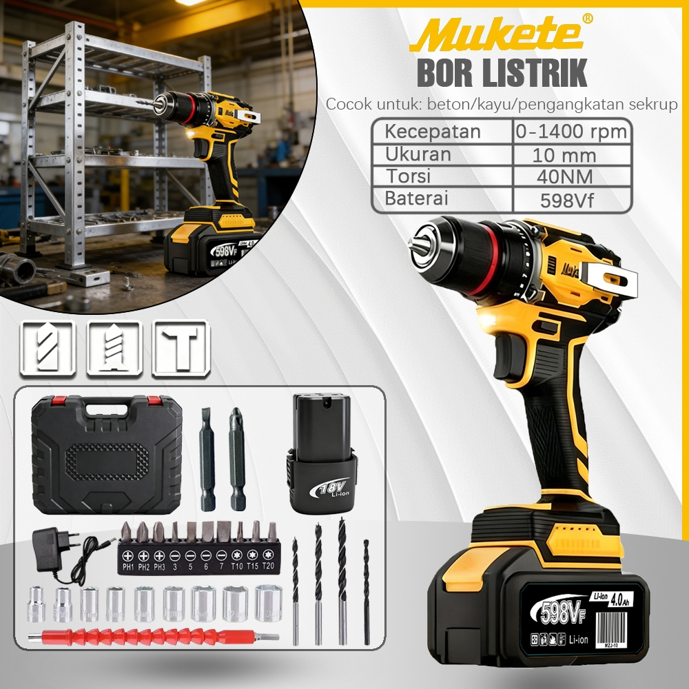 Mukete 40N.M bor impact baterai 1400RPM bor baterai 598V mesin bor listrik bor cordless 10mm
