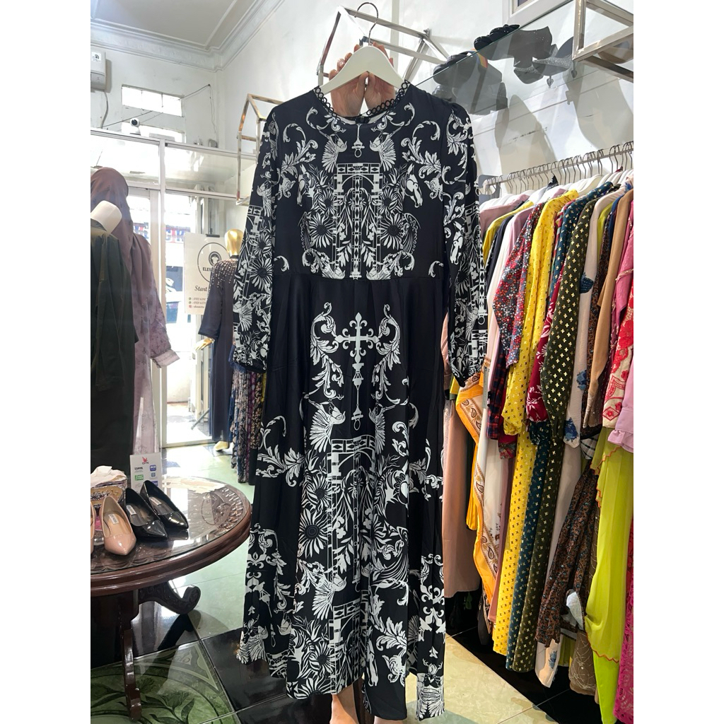 Gaun Gamis wanita muslim cewek dress kekinian hitam putih