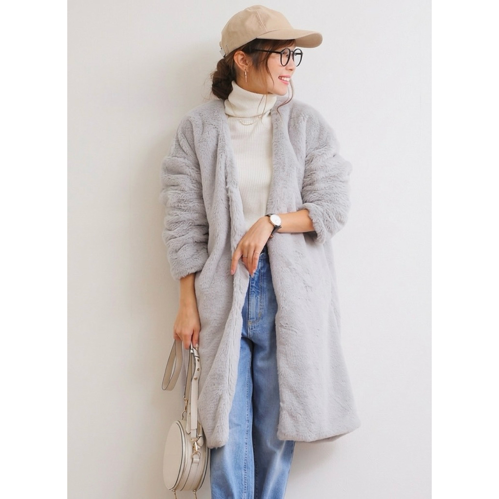 LIGHT GREY FAUX FUR WOOL COAT