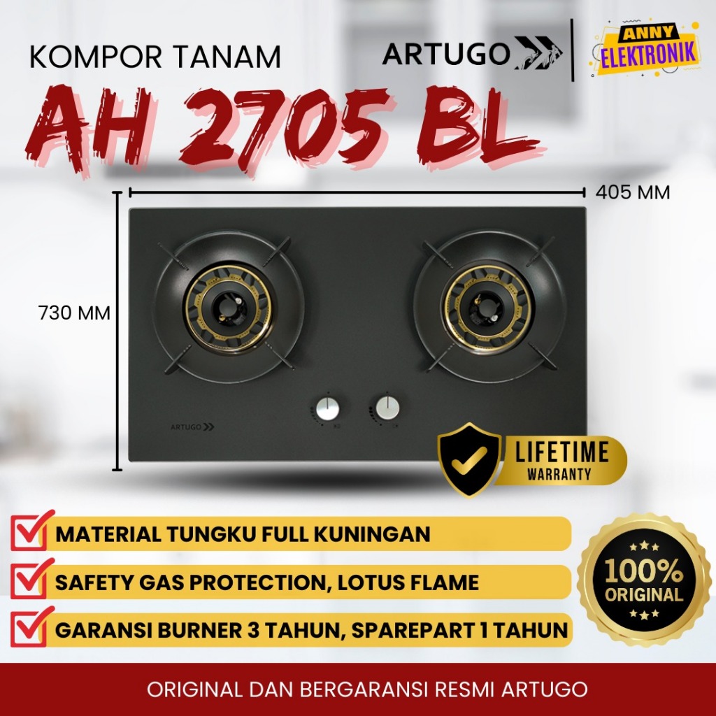 Kompor Tanam Artugo AH 2705 BL Tempered Glass