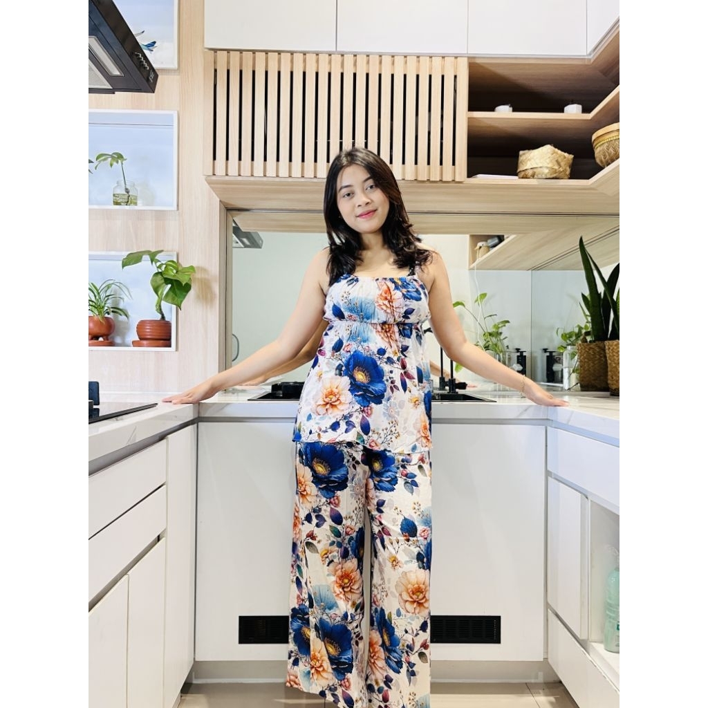 Daster Setelan Rayon Floral Sexy Kerut Dada Baju Santai Wanita One Set Piyama calena panjang  Musim 