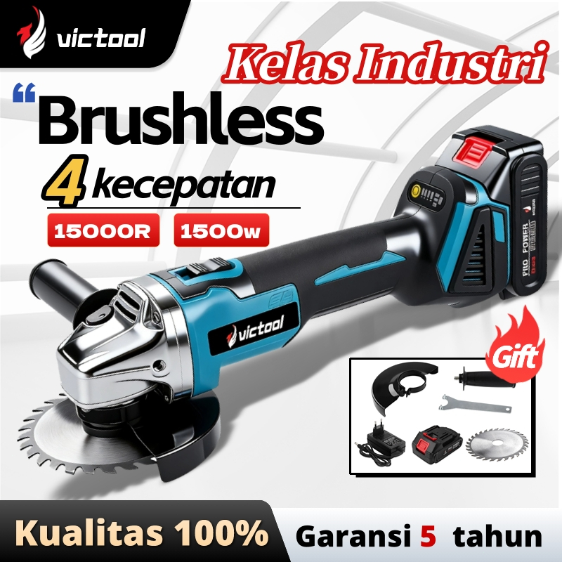 Victool Gerinda Baterai Brushless 4 kecepatan 1500W Penggiling Sudut Tembaga Murni Tanpa Sikat 5 inc