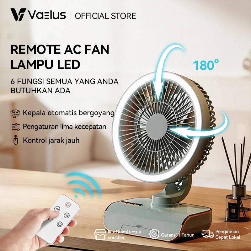 VAELUS Kipas Angin Meja Dinding Portable – Remote Otomatis Goyang 180°, Lampu Tidur LED, Holder HP, 