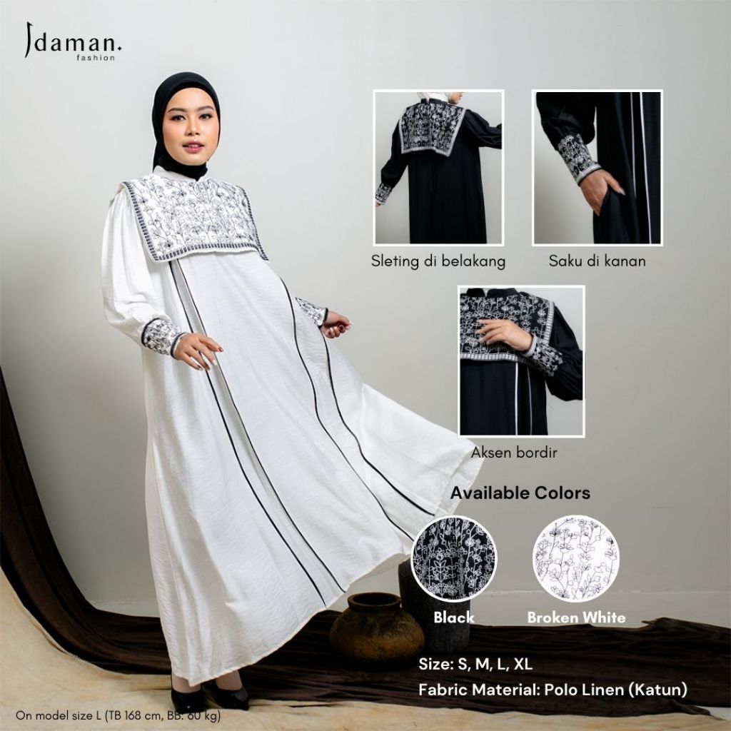 Idaman Fashion - Gamis Sajia - Dress Abaya Wanita Lebaran - Hitam/ Putih - idamanfashion