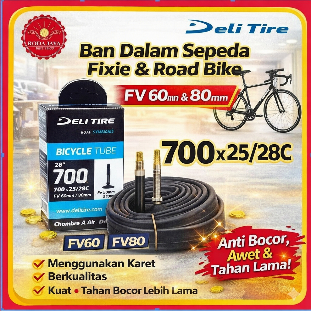 700 x 25/28C Deli Tire FV 60mm Ban Dalam Sepeda Fixie & Road Bike – Pentil Jarum – Karet Tebal Anti 