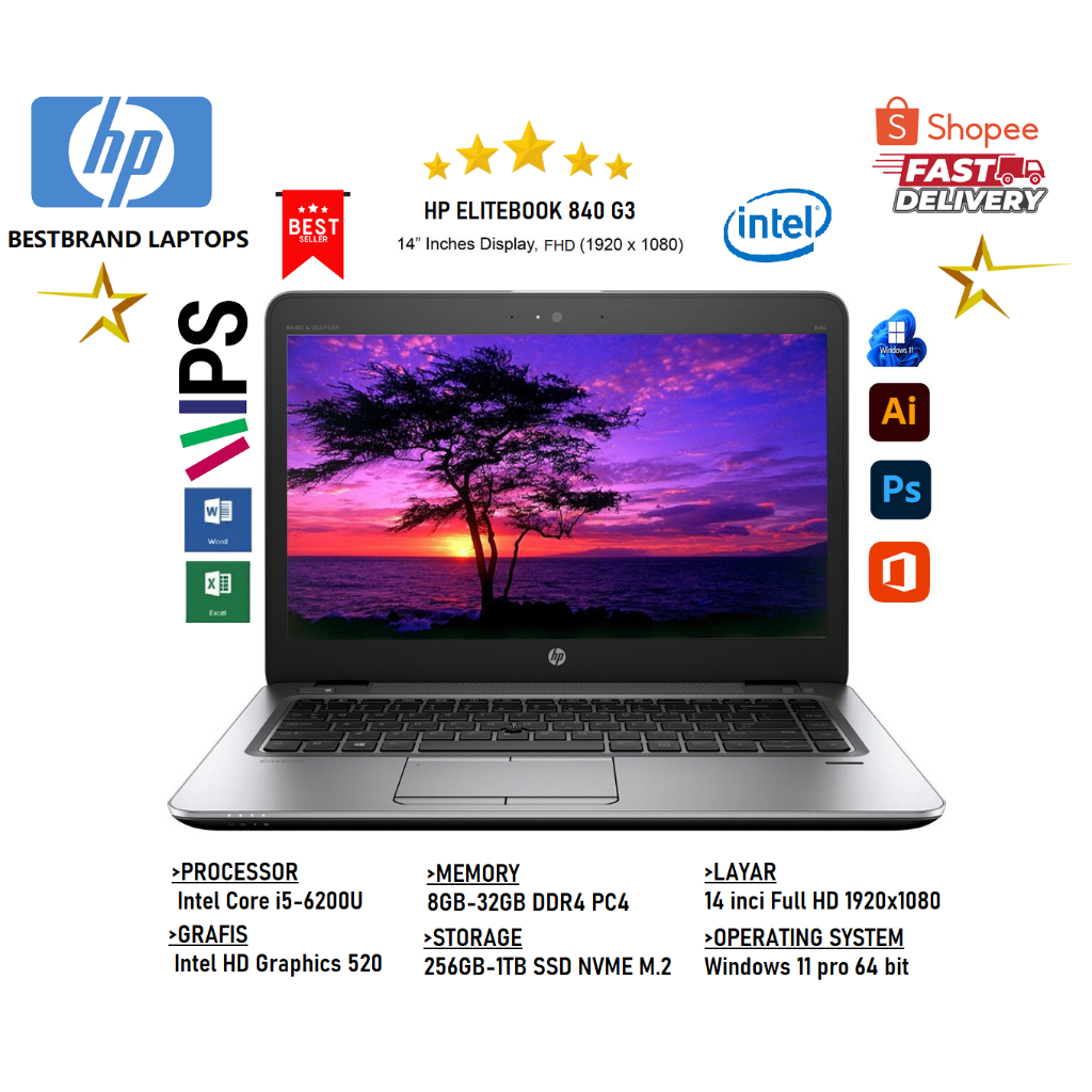 Laptop Hp 840 G3 CORE i5 6TH RAM 32GB/1TB SSD NVME M.2 WIN 11 PRO BERGARANSI
