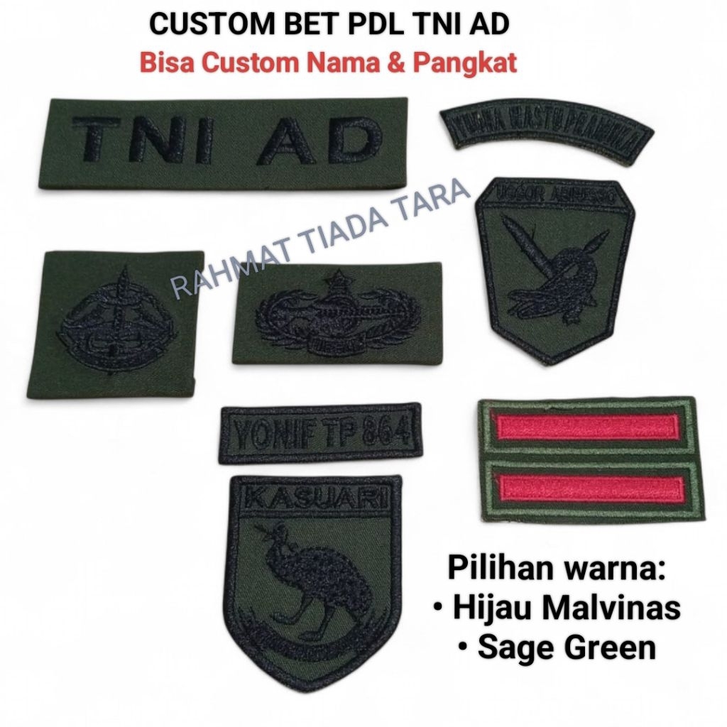 Brivet PDL TNI AD Custom Nama Pangkat | Bordir Komputer | Bet PDL Malvinas & Sage Green | Sudah Dipe