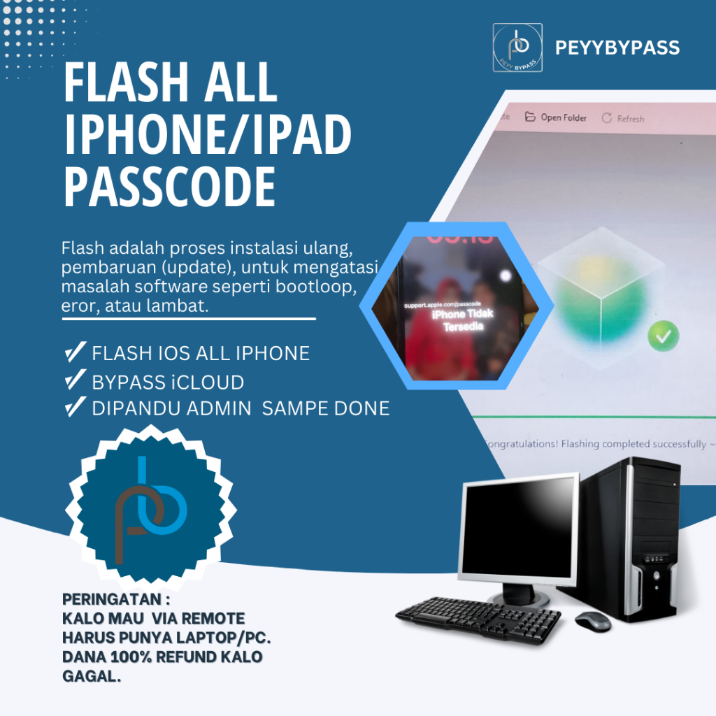 Flash All iPhone/iPad Passcode, Bypass iCloud, Dipandu Admin, Kompatibel PC/Laptop