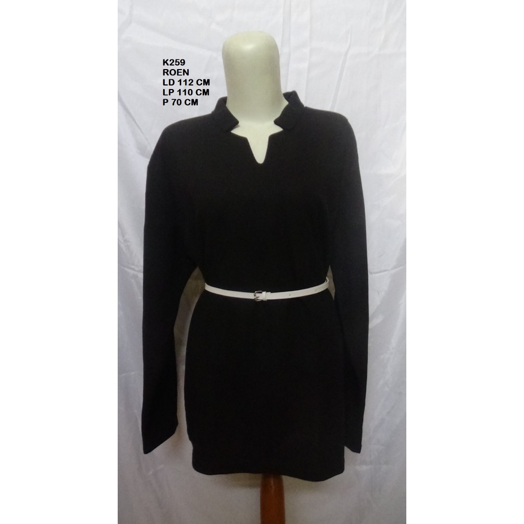 ROEN Atasan Wanita Lengan Panjang Hitam Polos - Kaos Knit Tunik Elegan Kerah V-Neck (K259)