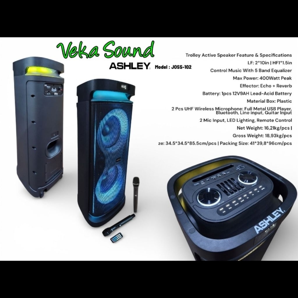 Speaker Portable Ashley Joss 102 /Joss102 Original 2X10 Inch 400 Watt With Equalizer Bluetooth