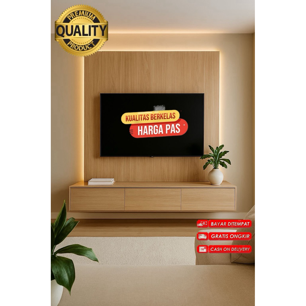 Backdrop TV Minimalis Japandi Series – Floating Cabinet & Wood Panel dengan LED Warm White (Ukuran 1