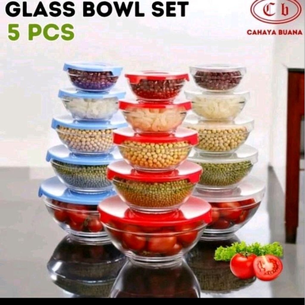 Set Mangkok Kaca 5 Susun - Tahan Panas, Aman Microwave, Mudah Disimpan
